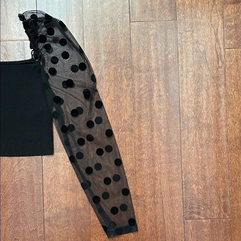 Zara Black Blouse with Polka Dot Mesh Puff Sleeves, Size Small - Picture 6 of 12